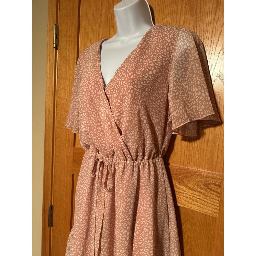 Pink Cottagecore Chiffon Wrap Mini Dress V-Neck Ruffle Hem Flutter Sleeve Small